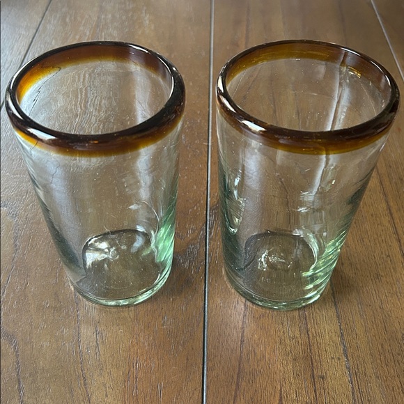 Pair (2) Amber Rim Mexican Hand Blown Recycled Glass 20 ounce Iced Tea Glasses - Picture 5 of 7
